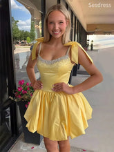 Gorgeous Satin Yellow Beaded Bow TieStraps A-line Short Mini Dress Homecoming Dress